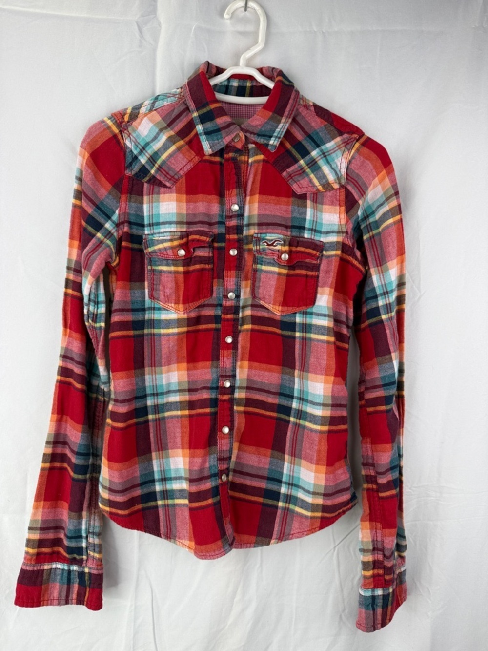 Hollister Women’s Red Plaid Western Snap-Front 100% Cotton XS Long Sleeve Top